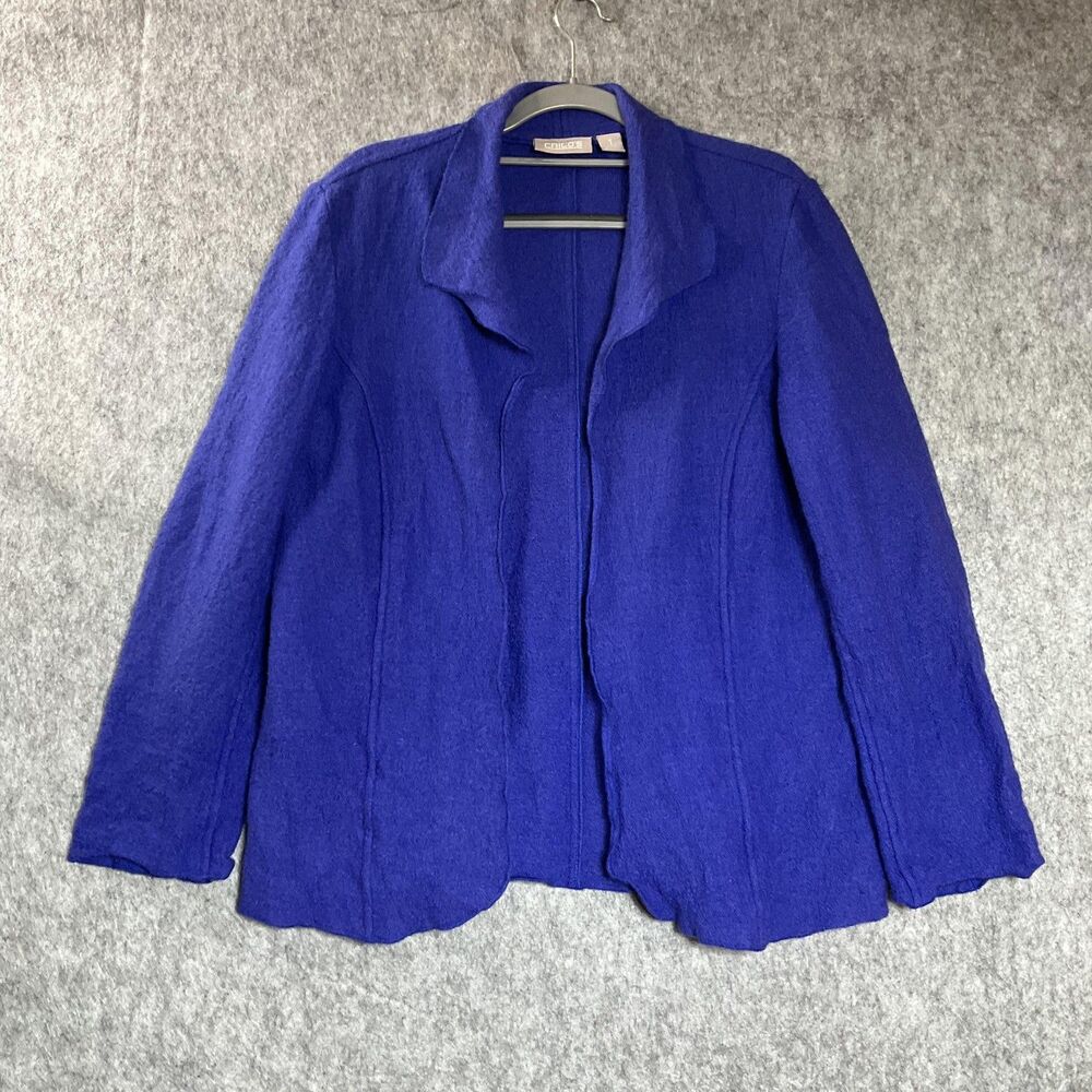Chicos Sweater Womens 1 Medium Blue Wool Open Front Capsule Cottage Boho Casual